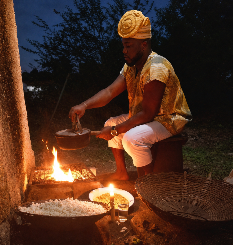 Cerimônia tradicional de Ifá-Orisha ao redor do fogo sagrado
